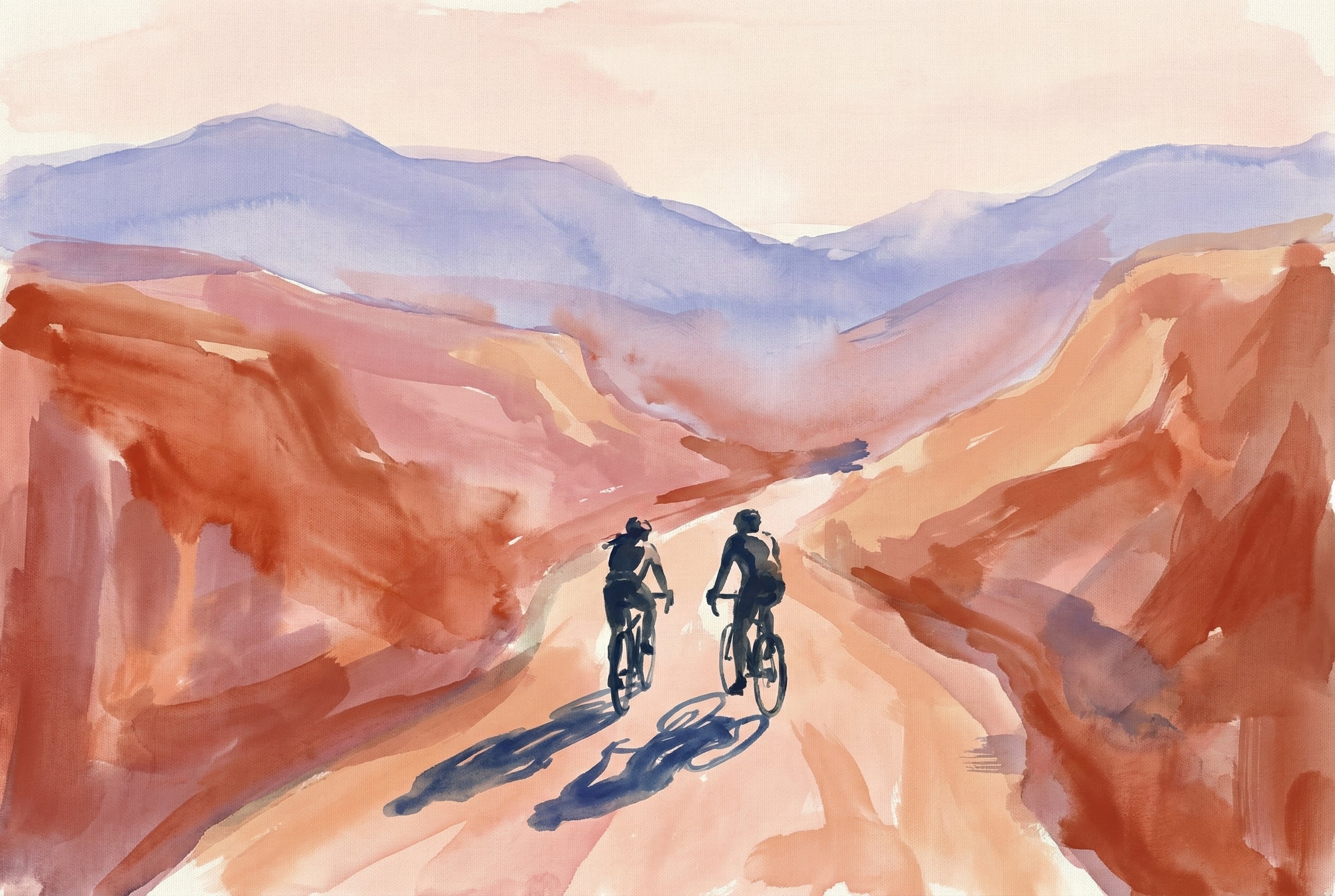 A pair of cyclists ride side by side through a wide canyon of pink, orange, and gold hues, with soft blue mountain ranges under a pale sky.

