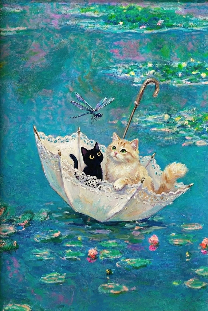 A black cat and a white cat sit together in a white umbrella, floating on a pond with lily pads and a dragonfly in the background.
