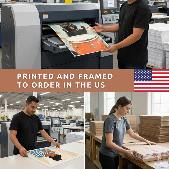 The image is a collage of three photos depicting the process of printing and framing artwork in the United States.