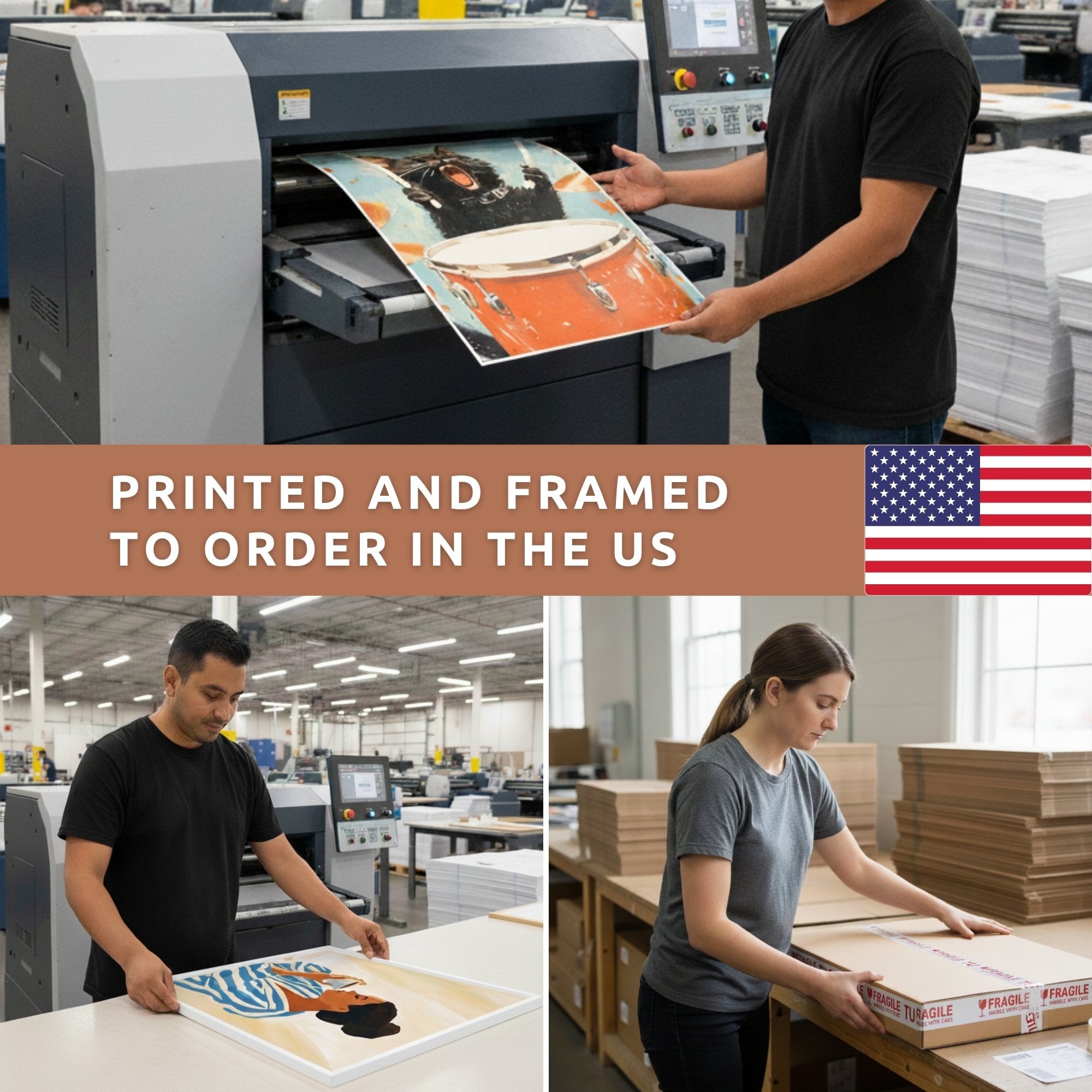 The image is a collage of three photos depicting the process of printing and framing artwork in the United States.