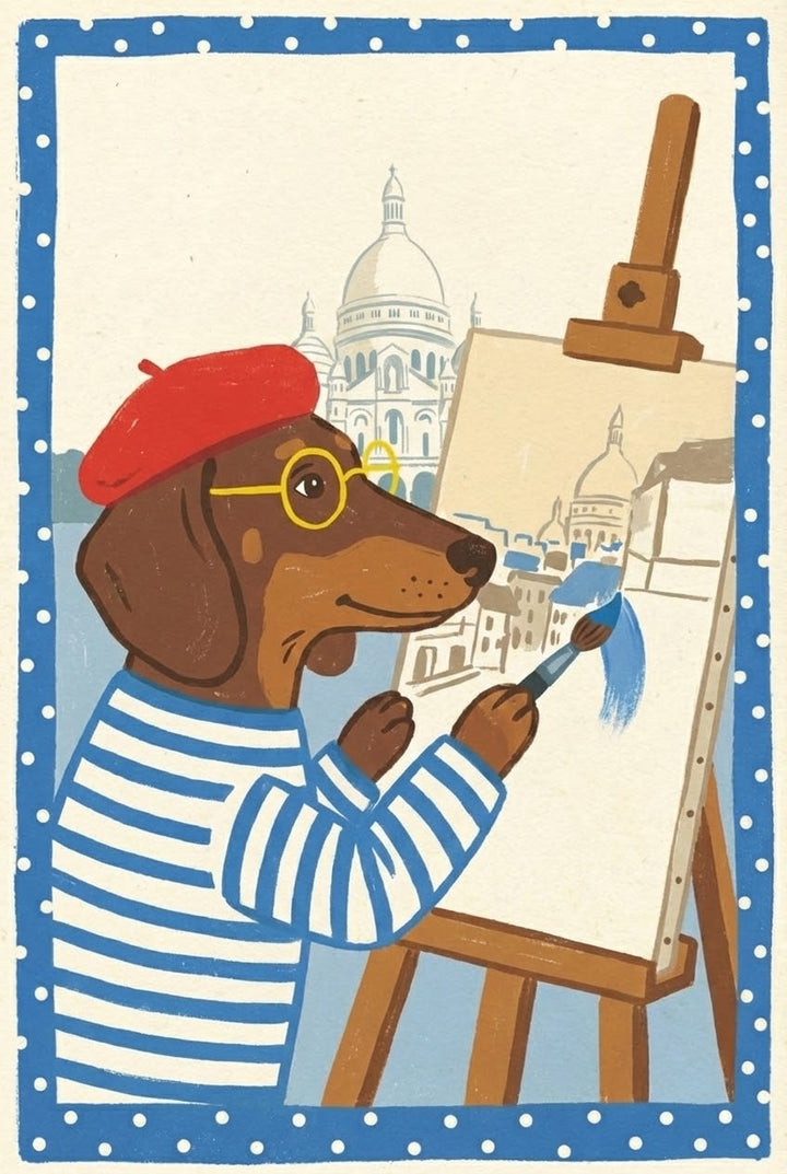 A whimsical illustration of a brown dachshund dressed as an artist in a red beret and a blue-and-white striped shirt. The dog wears yellow circular glasses and uses a brush to apply blue color to a canvas on a wooden easel. The canvas displays a line drawing of a domed architectural landmark, which also appears in the background. The entire scene is set within a blue border featuring white polka dots.
