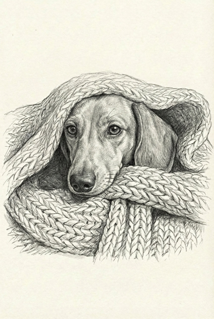 Illustration of a dachshund wrapped in a chunky knit blanket, with only its face and front paws peeking out, looking alert and cozy.