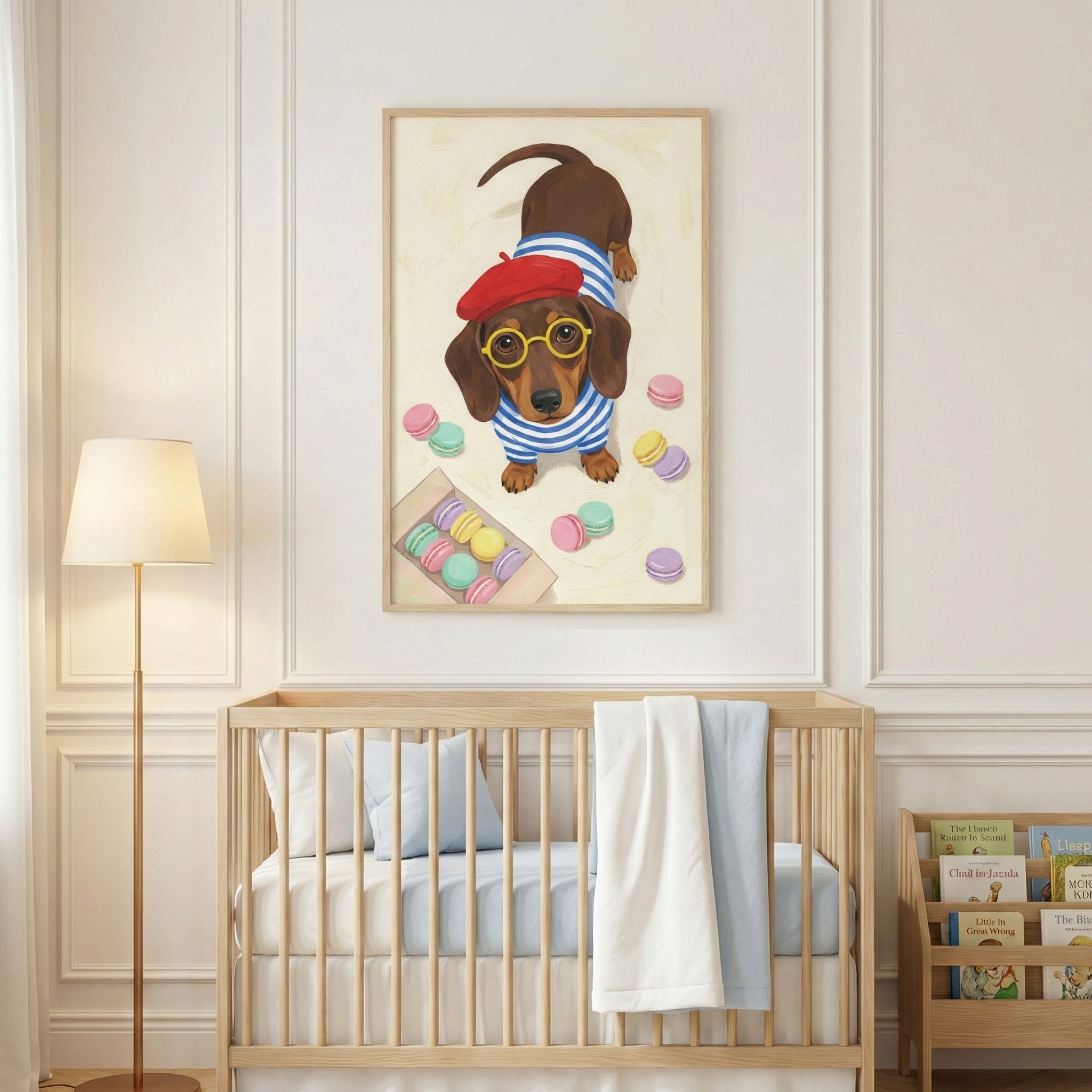 A bright nursery featuring a natural wood crib with soft blue and white bedding. Centered on the wall above the crib is a framed vertical illustration of a brown dachshund dressed in a red beret, round yellow glasses, and a blue and white striped shirt. The dog is surrounded by pastel-colored macarons scattered on the ground and inside an open box. To the left of the crib stands a tall floor lamp with a cream-colored shade, and to the right is a small wooden bookshelf filled with children's books, all set a