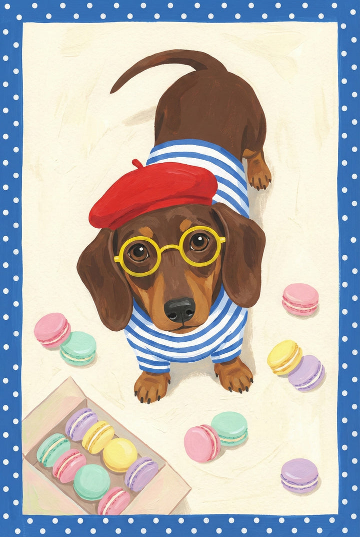A cute dachshund in a red beret, yellow glasses, and blue striped shirt looks up while surrounded by pastel-colored macarons on the floor and in a box.
