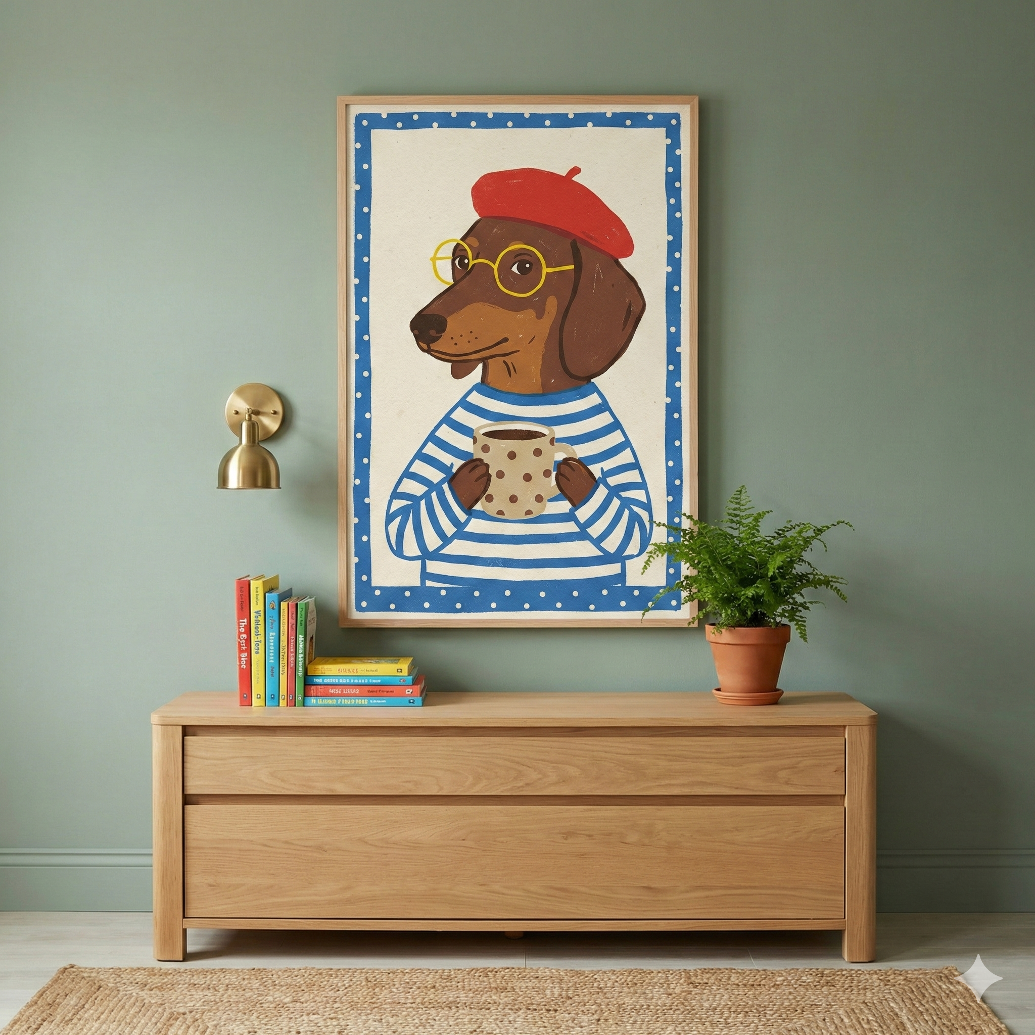 A piece of framed wall art hangs on a light-colored wall above a wooden dresser. The artwork features a whimsical illustration of a brown dachshund dog with human-like features. The dog is wearing a red beret, round yellow glasses, and a blue and white striped shirt, and is holding a beige polka-dotted mug. 