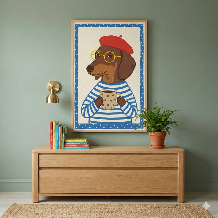A piece of framed wall art hangs on a light-colored wall above a wooden dresser. The artwork features a whimsical illustration of a brown dachshund dog with human-like features. The dog is wearing a red beret, round yellow glasses, and a blue and white striped shirt, and is holding a beige polka-dotted mug. 