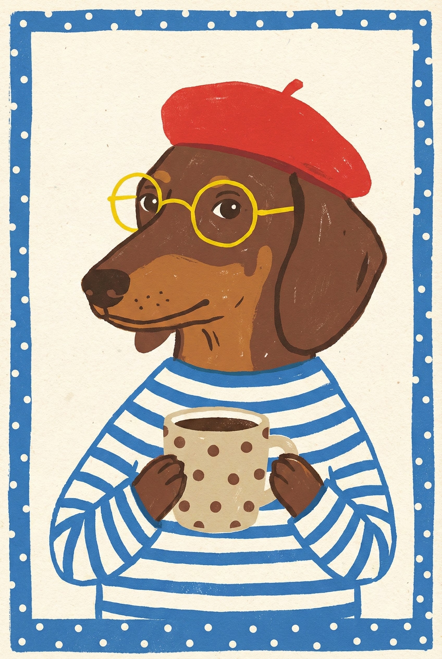 An illustration of a brown dachshund wearing a bright red beret and yellow-framed round glasses. The dog is dressed in a blue and white horizontal-striped shirt and holds a beige mug with brown polka dots between its paws. The image is set against an off-white background and framed by a blue border with white polka dots.