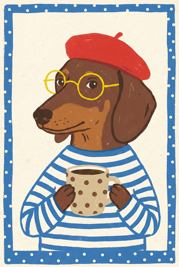 An illustration of a brown dachshund wearing a bright red beret and yellow-framed round glasses. The dog is dressed in a blue and white horizontal-striped shirt and holds a beige mug with brown polka dots between its paws. The image is set against an off-white background and framed by a blue border with white polka dots.