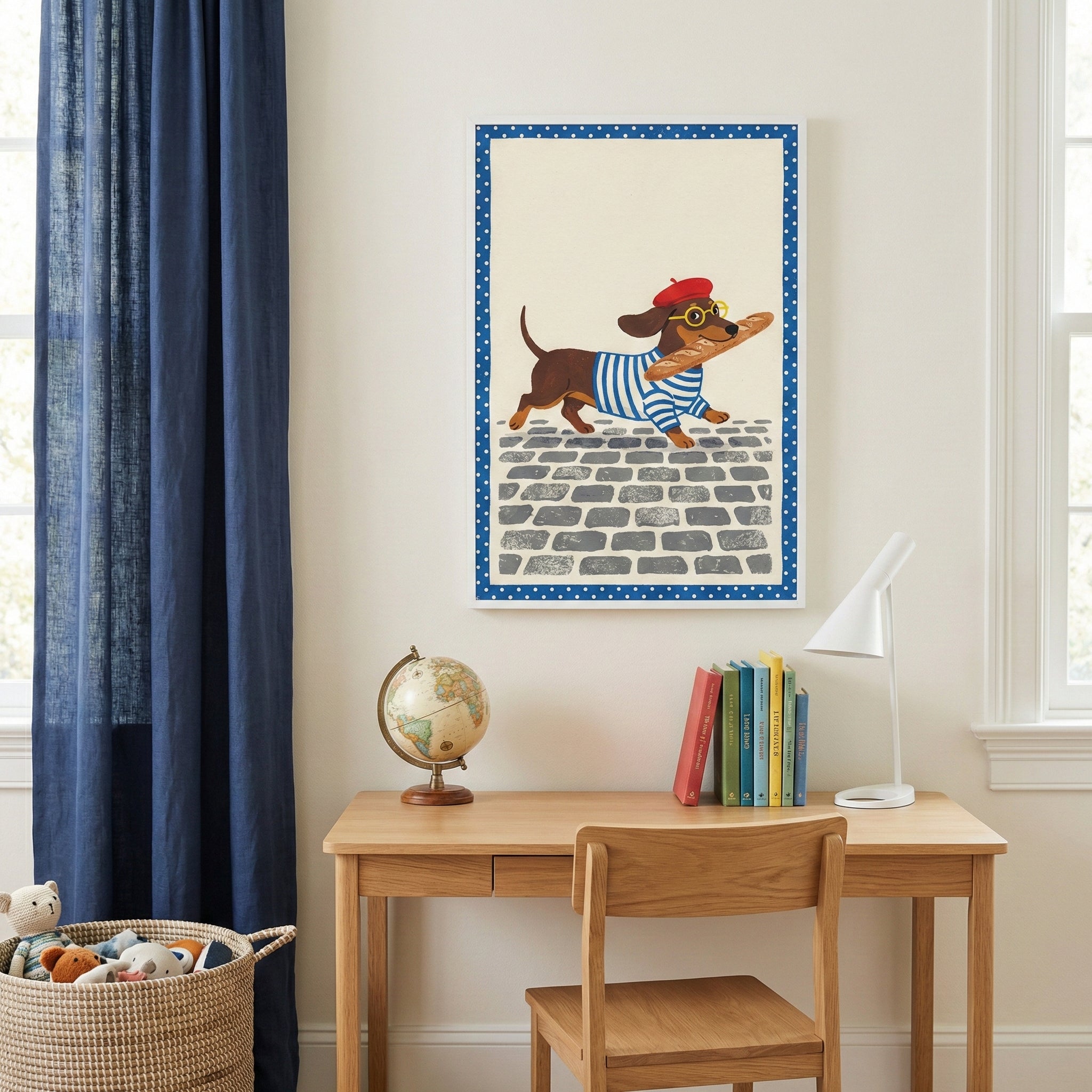 An interior shot of a bright room featuring a light-colored wooden desk and chair set against a neutral wall. Above the desk hangs a framed vertical illustration with a blue-and-white polka-dot border. The artwork depicts a brown dachshund wearing a red beret, a blue-and-white striped shirt, and yellow glasses, walking across a gray cobblestone path with a long loaf of bread in its mouth. On the desk below, there is a small globe, a row of colorful books, and a white modern lamp. To the left of the desk, lo