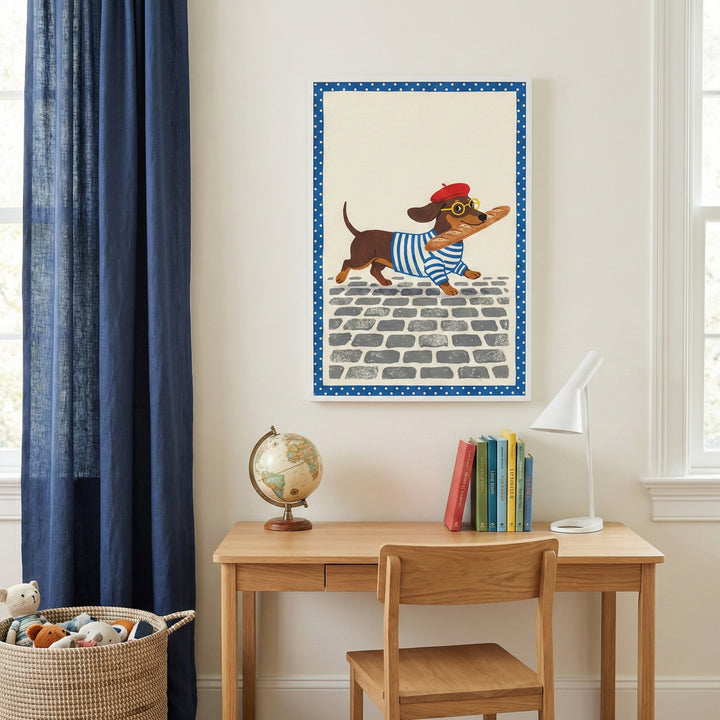 An interior shot of a bright room featuring a light-colored wooden desk and chair set against a neutral wall. Above the desk hangs a framed vertical illustration with a blue-and-white polka-dot border. The artwork depicts a brown dachshund wearing a red beret, a blue-and-white striped shirt, and yellow glasses, walking across a gray cobblestone path with a long loaf of bread in its mouth. On the desk below, there is a small globe, a row of colorful books, and a white modern lamp. To the left of the desk, lo