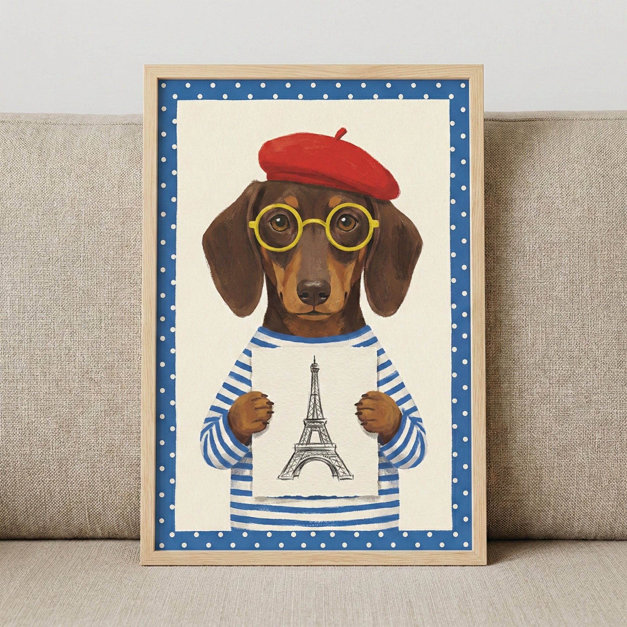 A framed illustration featuring a whimsical portrait of a dachshund. The dog is dressed in a red beret, circular yellow-framed glasses, and a blue and white striped top. It holds a small piece of paper with a drawing of an iconic Parisian tower on it. The image is surrounded by a blue border with white polka dots, encased in a light wood frame, and positioned against a neutral-toned fabric sofa.