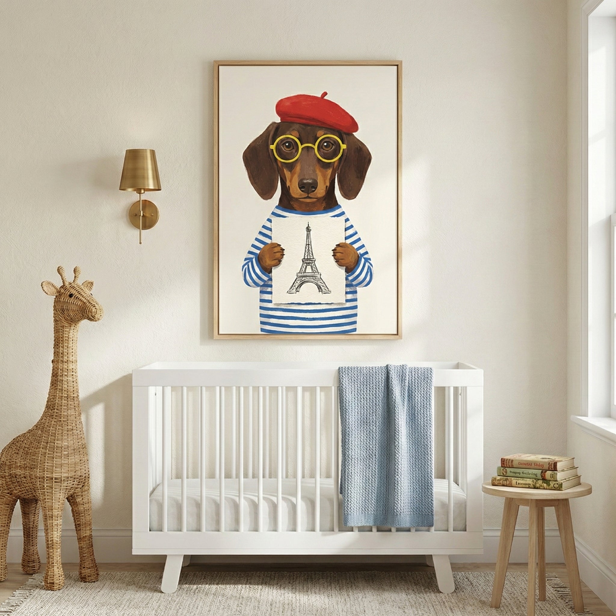A bright nursery room featuring a white wooden crib centered against a neutral wall. Above the crib hangs a large framed illustration of a dachshund wearing a red beret, yellow round glasses, and a blue-and-white striped shirt, holding a sketch of a famous French landmark. To the left, a tall woven giraffe toy stands on a light-colored rug next to a gold wall sconce. To the right, a small wooden side table holds a stack of books, and a light blue knit blanket hangs over the side of the crib.
