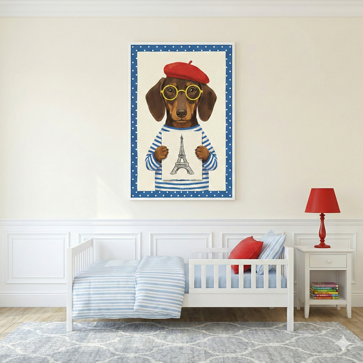 A bright nursery room featuring a white wooden crib centered against a neutral wall. Above the crib hangs a large framed illustration of a dachshund wearing a red beret, yellow round glasses, and a blue-and-white striped shirt, holding a sketch of a famous French landmark. 