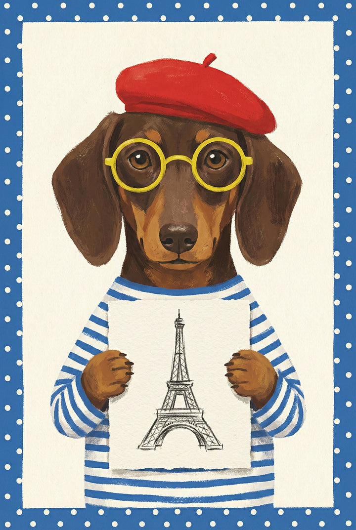 An illustration of a brown dachshund wearing round yellow glasses, a bright red beret, and a blue-and-white horizontally striped shirt. The dog is holding a white piece of paper featuring a black-and-white sketch of a tall iron lattice tower. The entire scene is set against a light-colored background and framed by a blue border with white polka dots.