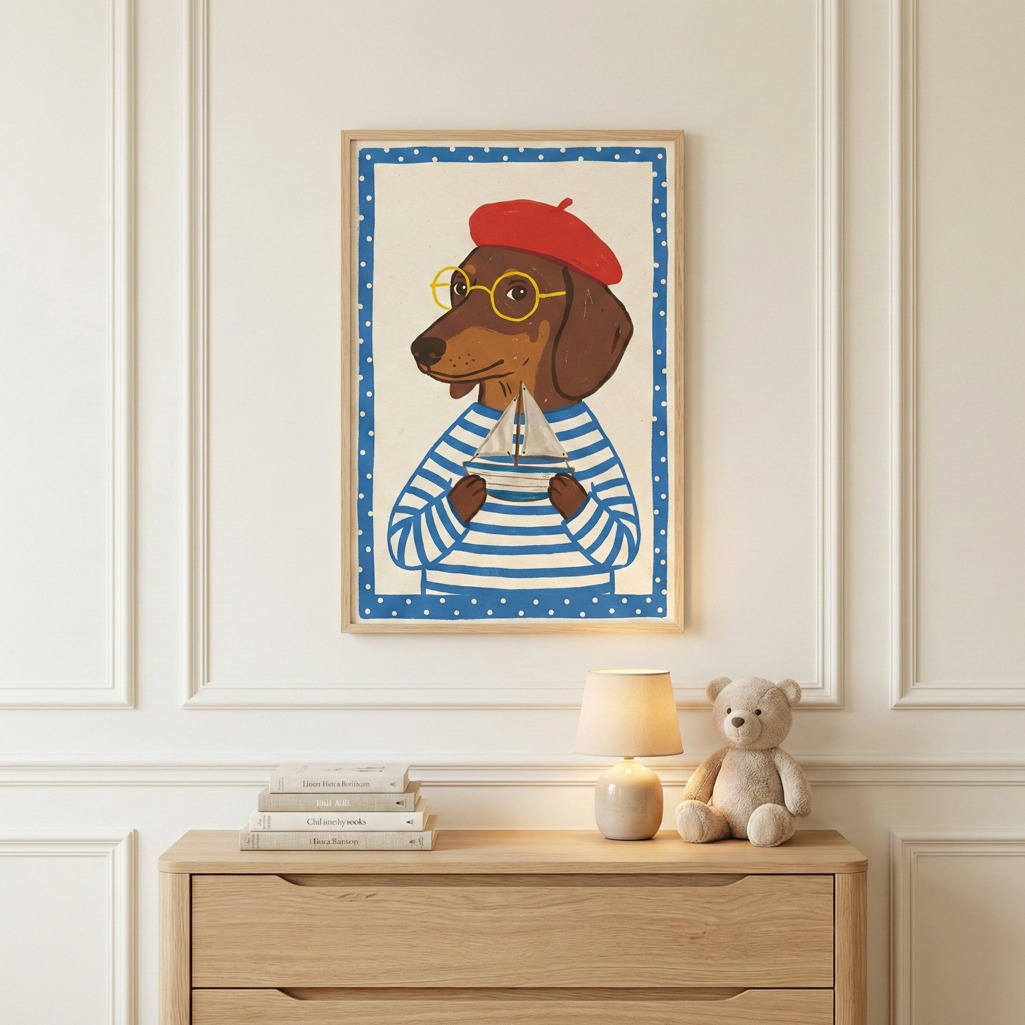 A framed illustration of a brown dachshund wearing a red beret, round yellow glasses, and a blue and white striped shirt, holding a small toy sailboat. The artwork features a blue border with white polka dots and hangs on a cream-colored wall with decorative molding. Below the frame sits a light wood dresser topped with a stack of books, a small lit table lamp, and a soft beige stuffed bear.