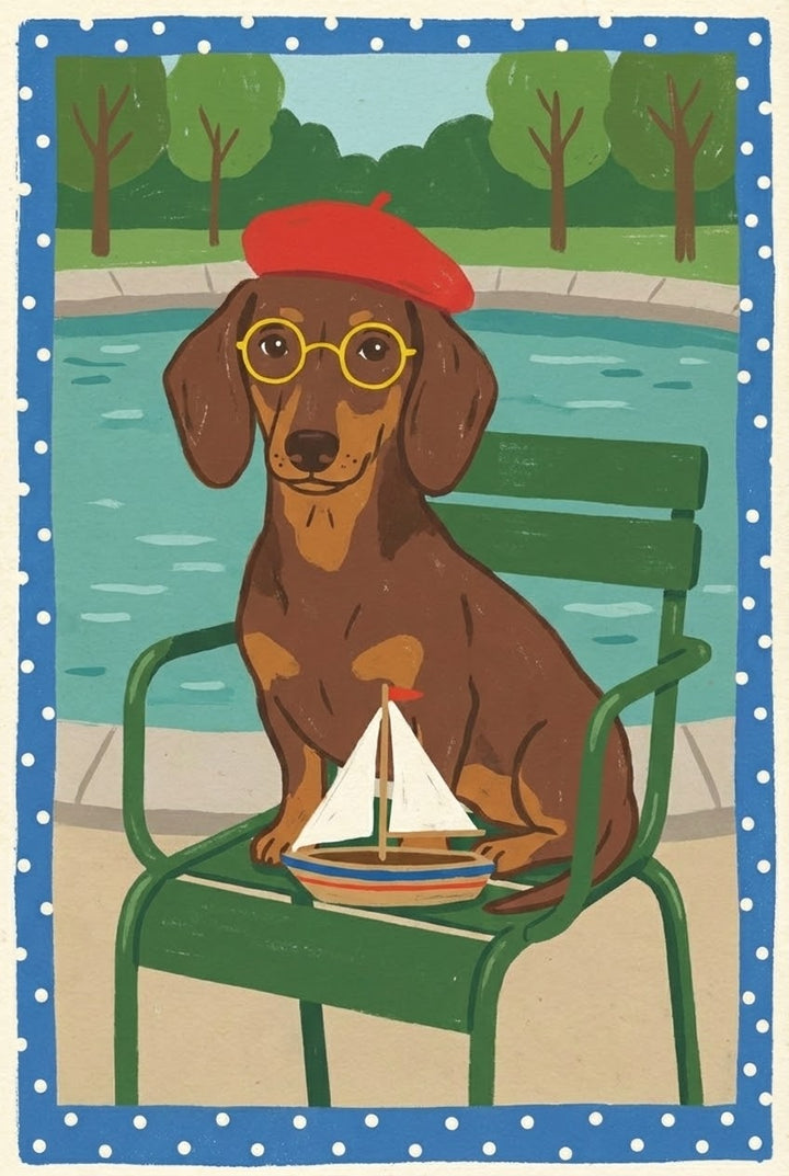 Dachshund in a red beret and glasses sitting on a green chair by a pond, holding a small toy sailboat in its lap, framed by blue polka dots.