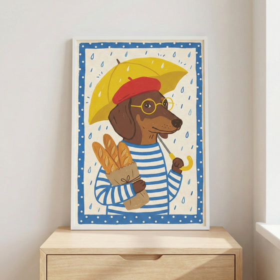A framed illustration of a brown dachshund dressed in a blue and white striped shirt, a red beret, and yellow round glasses. The dog holds a yellow umbrella to shield itself from the rain and carries a brown paper bag with three baguettes. The artwork features a blue border with white polka dots and is placed on a light-colored wooden cabinet against a white wall.