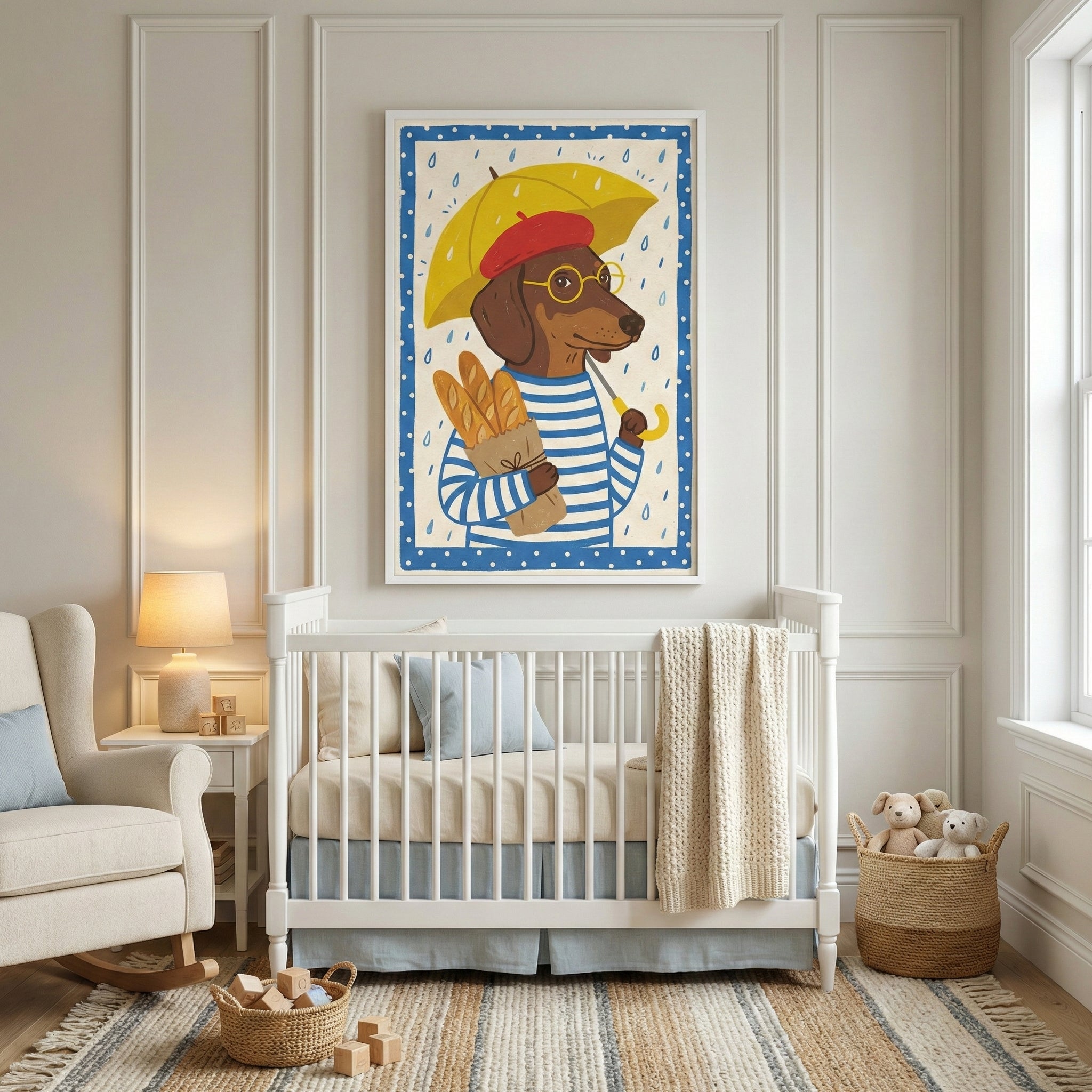 A bright and airy nursery featuring a large framed illustration centered on a paneled wall. The artwork depicts a brown dachshund wearing a red beret, circular glasses, and a blue-and-white striped shirt, holding a yellow umbrella and a paper bag with long bread loaves against a rainy background. Below the art is a white wooden crib with soft blue and neutral bedding and a textured knit blanket. To the left, there is a comfortable cream-colored rocking chair and a small side table with a lamp. On the right,