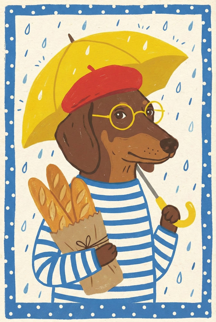 A stylized illustration of a brown dachshund dressed in a red beret, yellow round-rimmed glasses, and a blue and white striped shirt. The dog holds an open yellow umbrella while standing in the rain, represented by falling blue teardrop shapes. Under its other arm, it carries a brown paper bag containing three long loaves of crusty bread. The entire scene is framed by a blue border featuring small white polka dots.