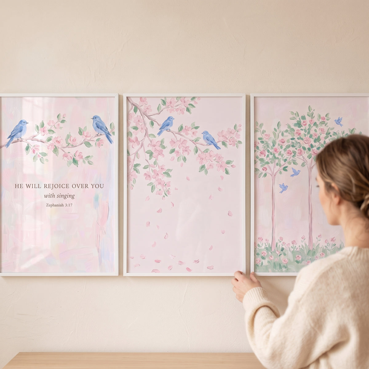 Dainty Blush Garden Bird Wall Art Set Of 3 - Song Of Zephaniah