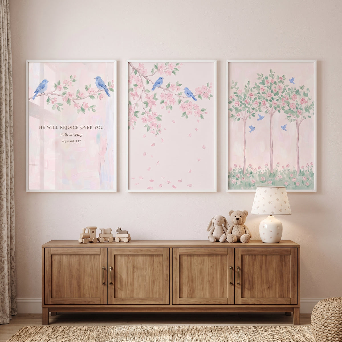 Dainty Blush Garden Bird Wall Art Set Of 3 - Song Of Zephaniah