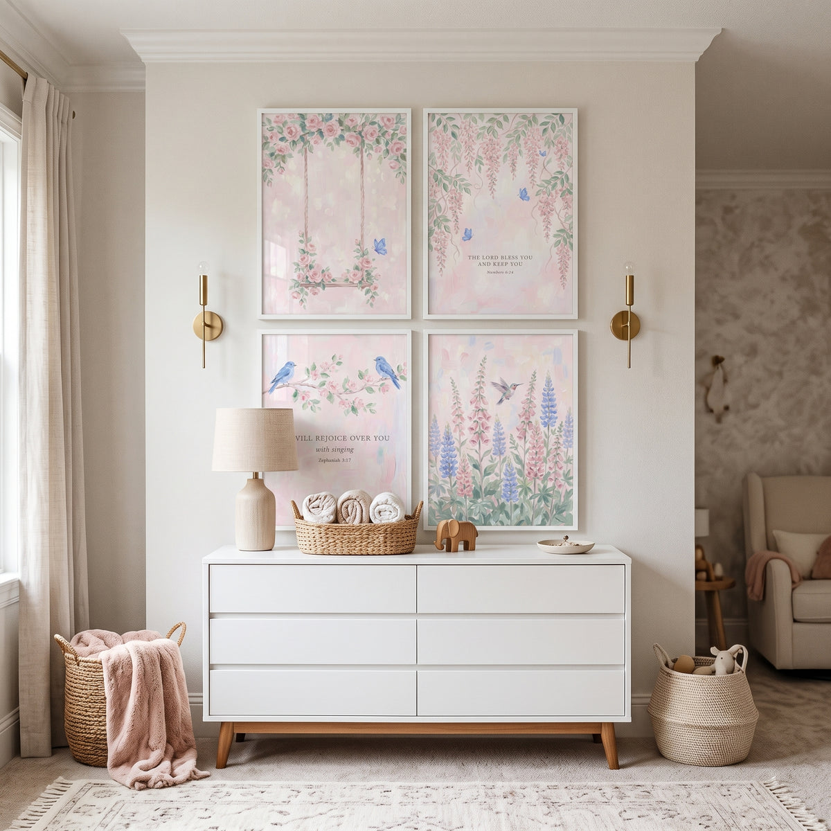 Dainty Blush Pink Garden Wall Art Set of 4 - Heavenly Garden Verses