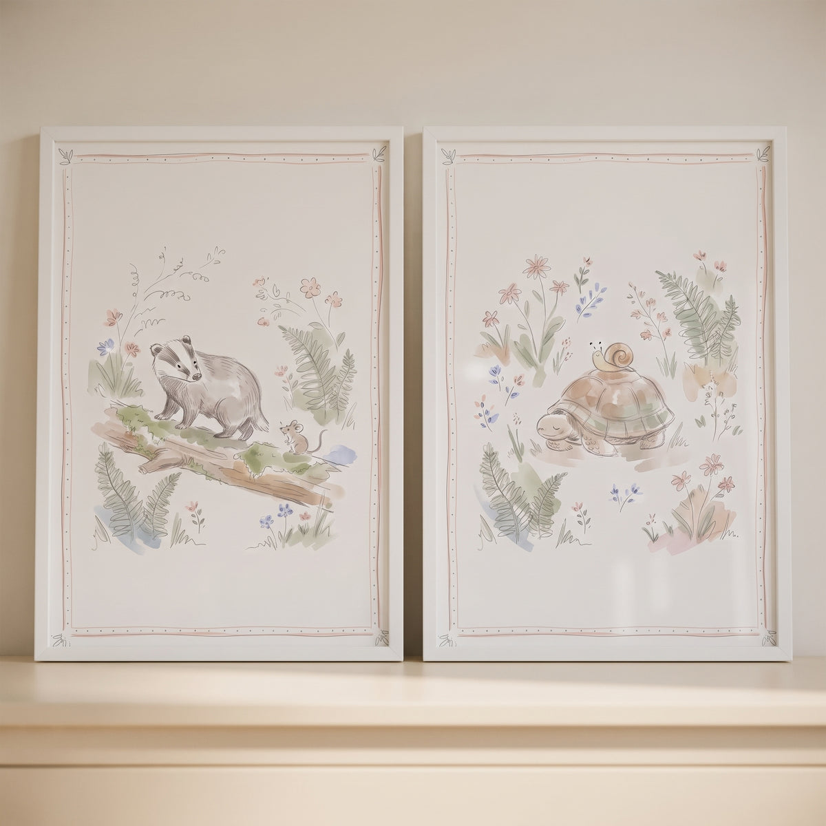Dainty Botanical Forest Animal Artwork Set of 2 - Woodland Meadow Tales