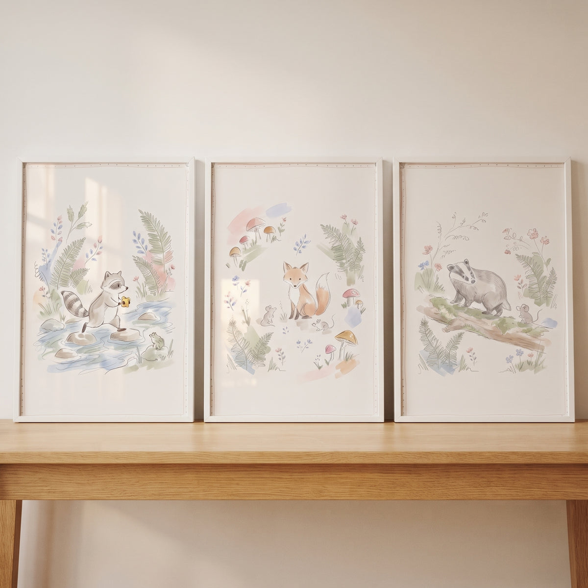 Dainty Fern Woodland Animals Wall Art Set of 3 - Whimsical Nature Path