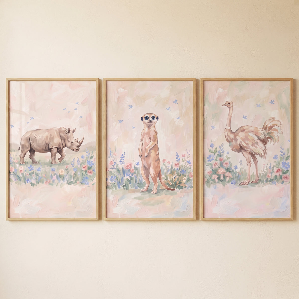 Dainty floral african animals wall art set of 3 with a rhino, meerkat, and ostrich amidst soft pastel flowers.