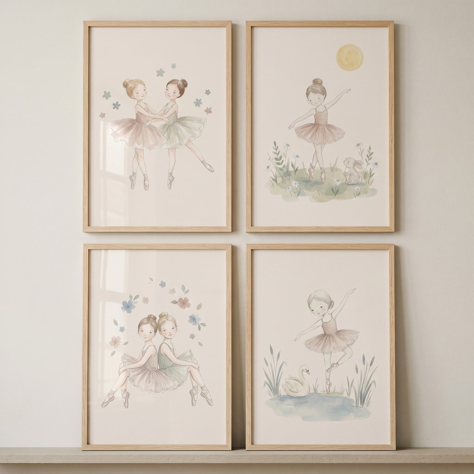 Dainty pastel tutu ballerina wall art set of 4 prints of young dancers with a bunny, swan, stars, and flowers.