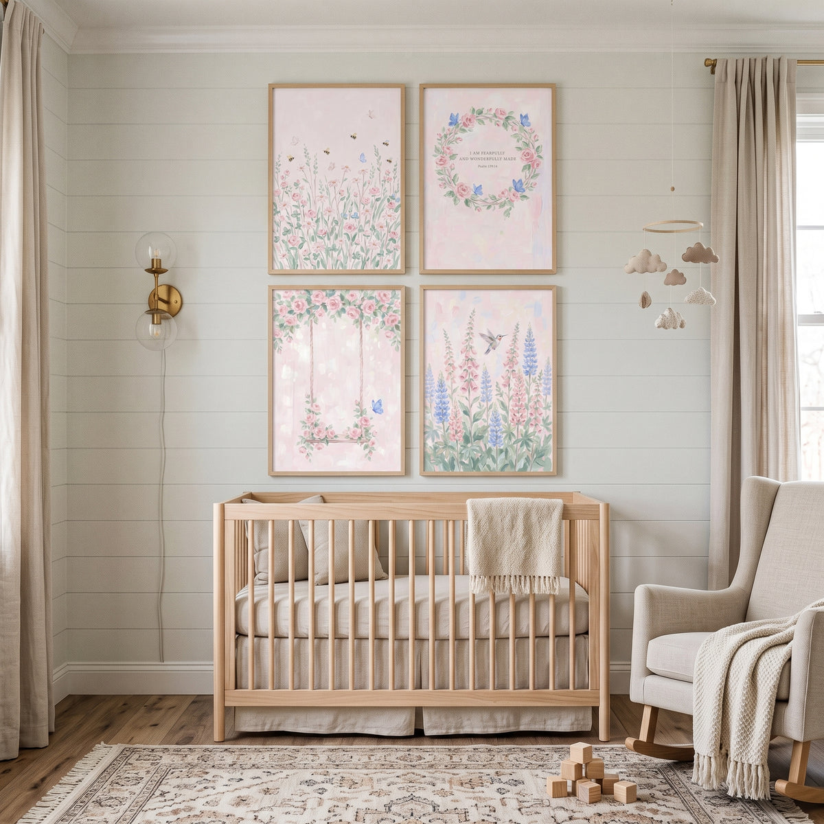 Dainty Pink Botanical Garden Artwork Set of 4 - Blossoming Garden Grace