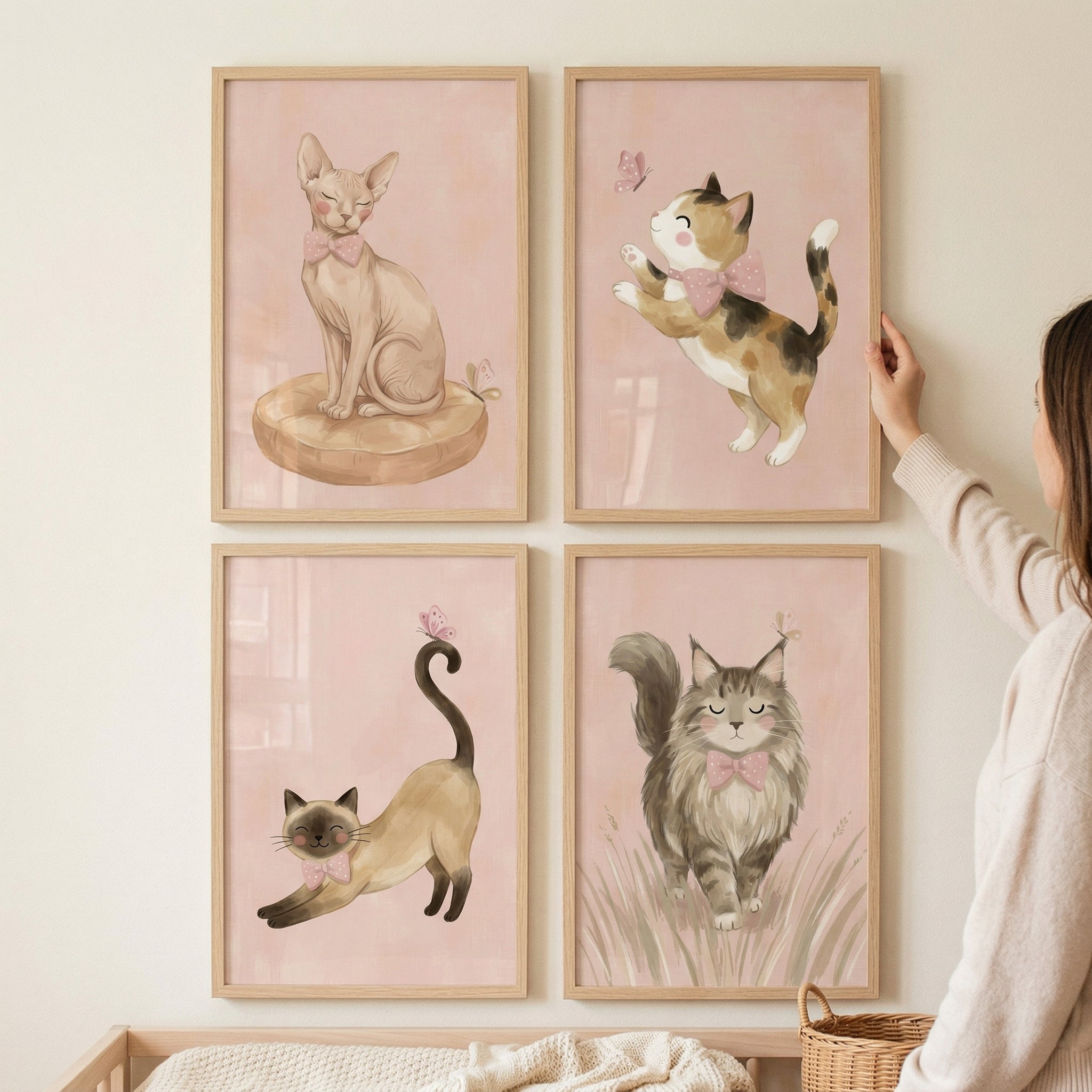Dainty Pink Bow Cat Wall Art Set of 4 - Charming Bowtie Kitties