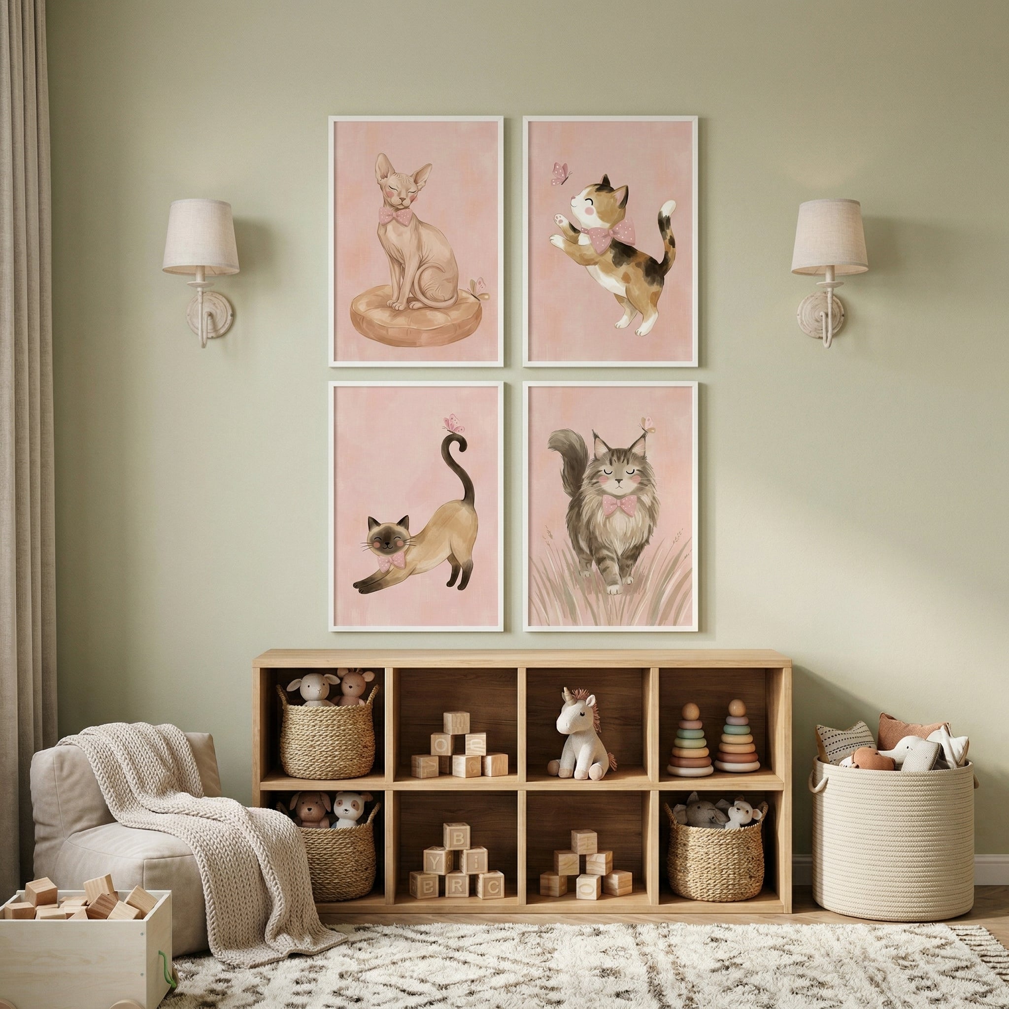 Dainty Pink Bow Cat Wall Art Set of 4 - Charming Bowtie Kitties