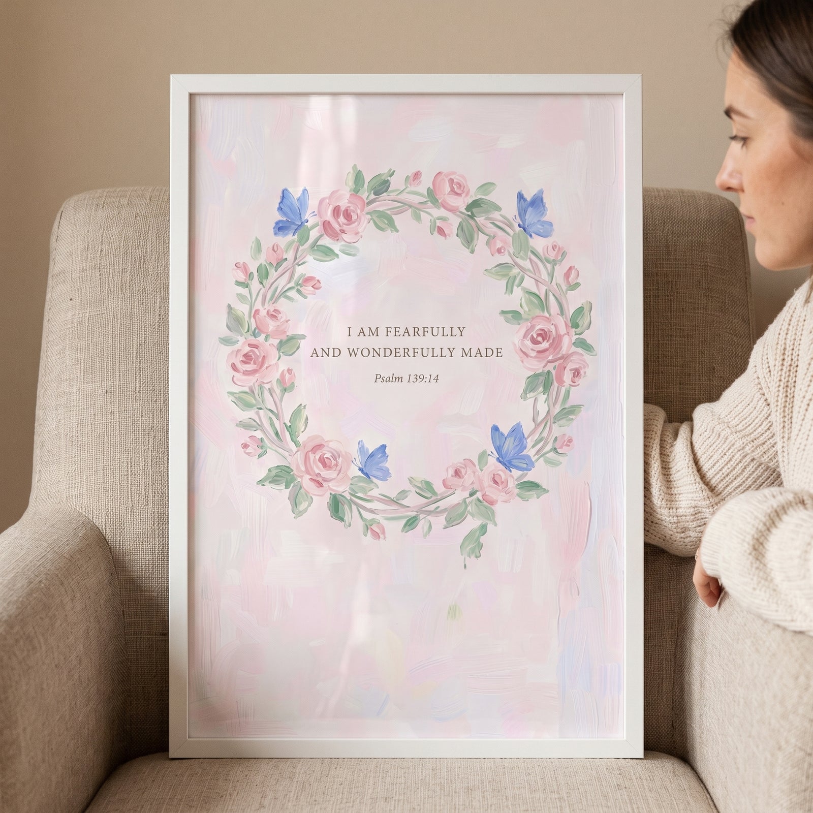 Framed dainty pink rose psalm bible wall art with a floral wreath and butterflies around text from Psalm 139:14.
