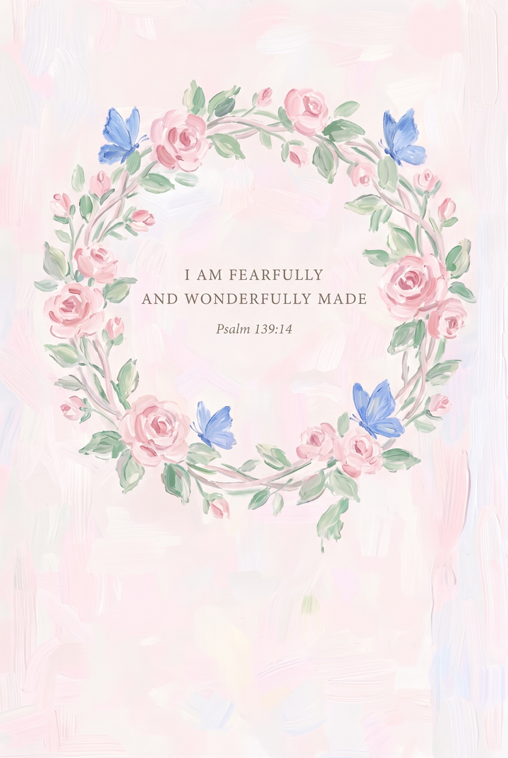 Dainty pink rose psalm bible wall art featuring Psalm 139:14 text inside a floral wreath with blue butterflies.