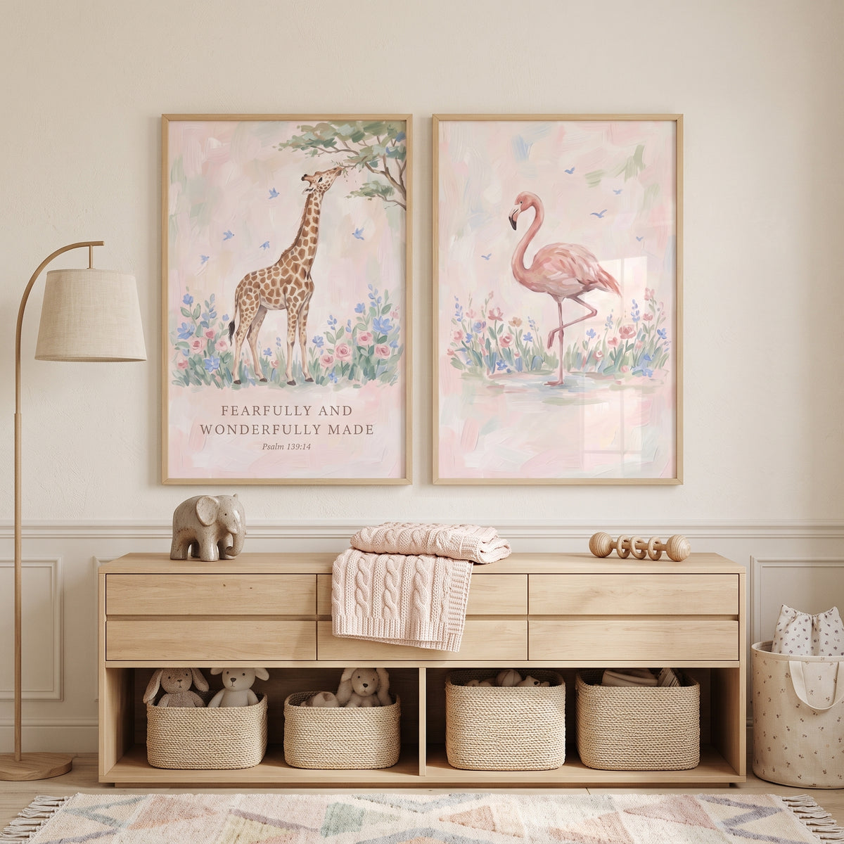 Dainty Pink Safari Animals Wall Art Set of 2 - Wonderfully Made Animals