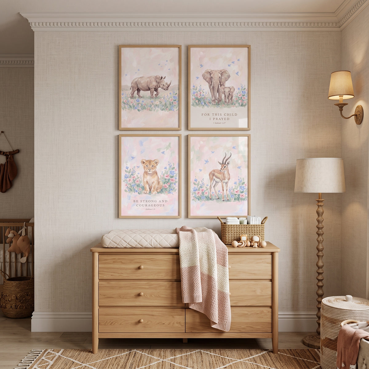 Dainty Pink Savanna Animals Wall Art Set Of 4 - Gentle Savanna Blessings