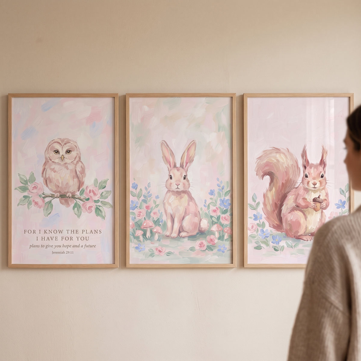 Dainty Pink Woodland Animals Wall Art Set of 3 - Sweet Woodland Grace