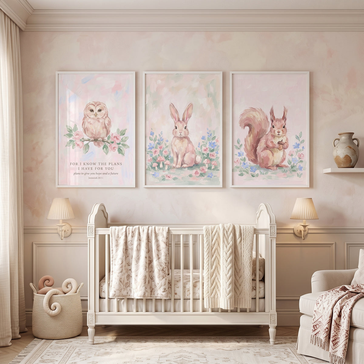 Dainty Pink Woodland Animals Wall Art Set of 3 - Sweet Woodland Grace