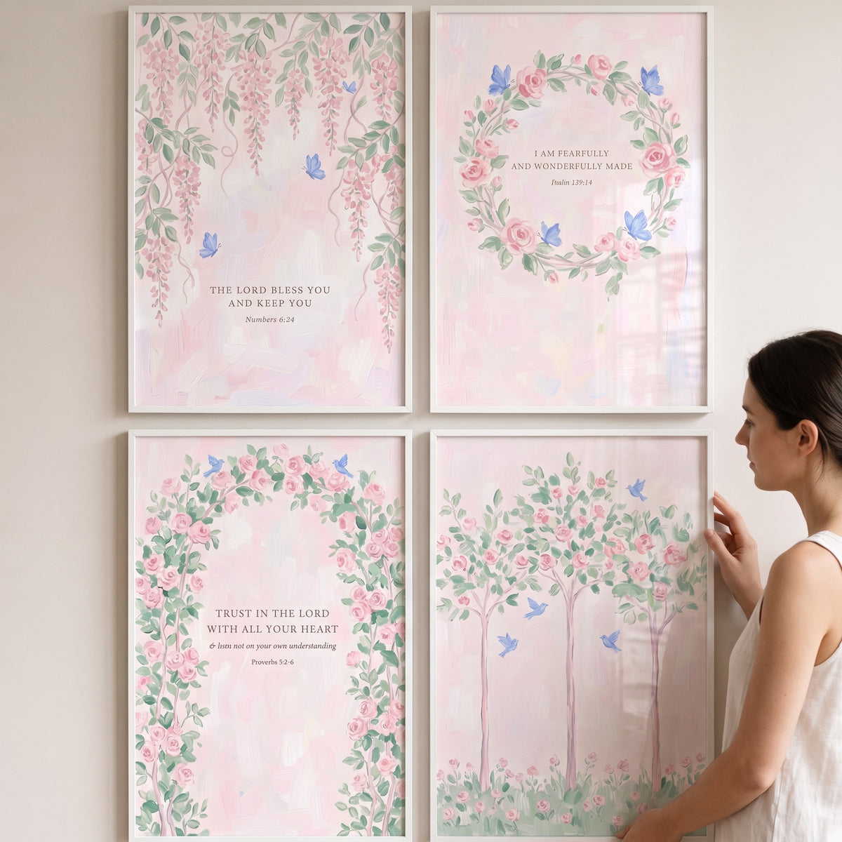 Dainty Watercolor Rose Garden Wall Art Set Of 4 - Sacred Scripture Blooms