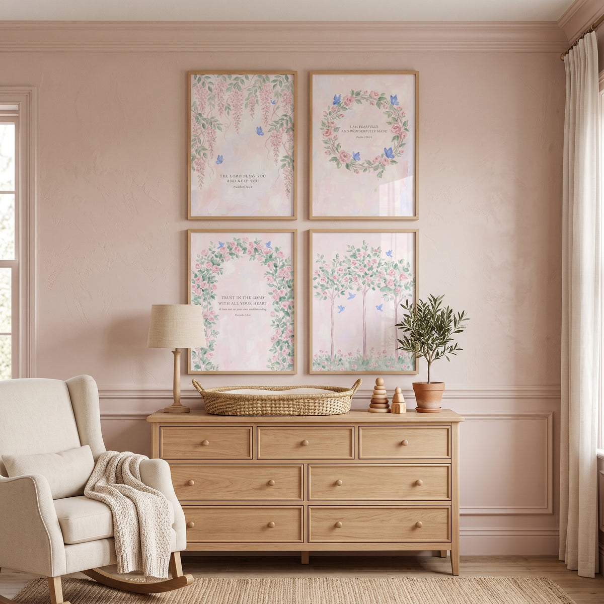 Dainty Watercolor Rose Garden Wall Art Set Of 4 - Sacred Scripture Blooms