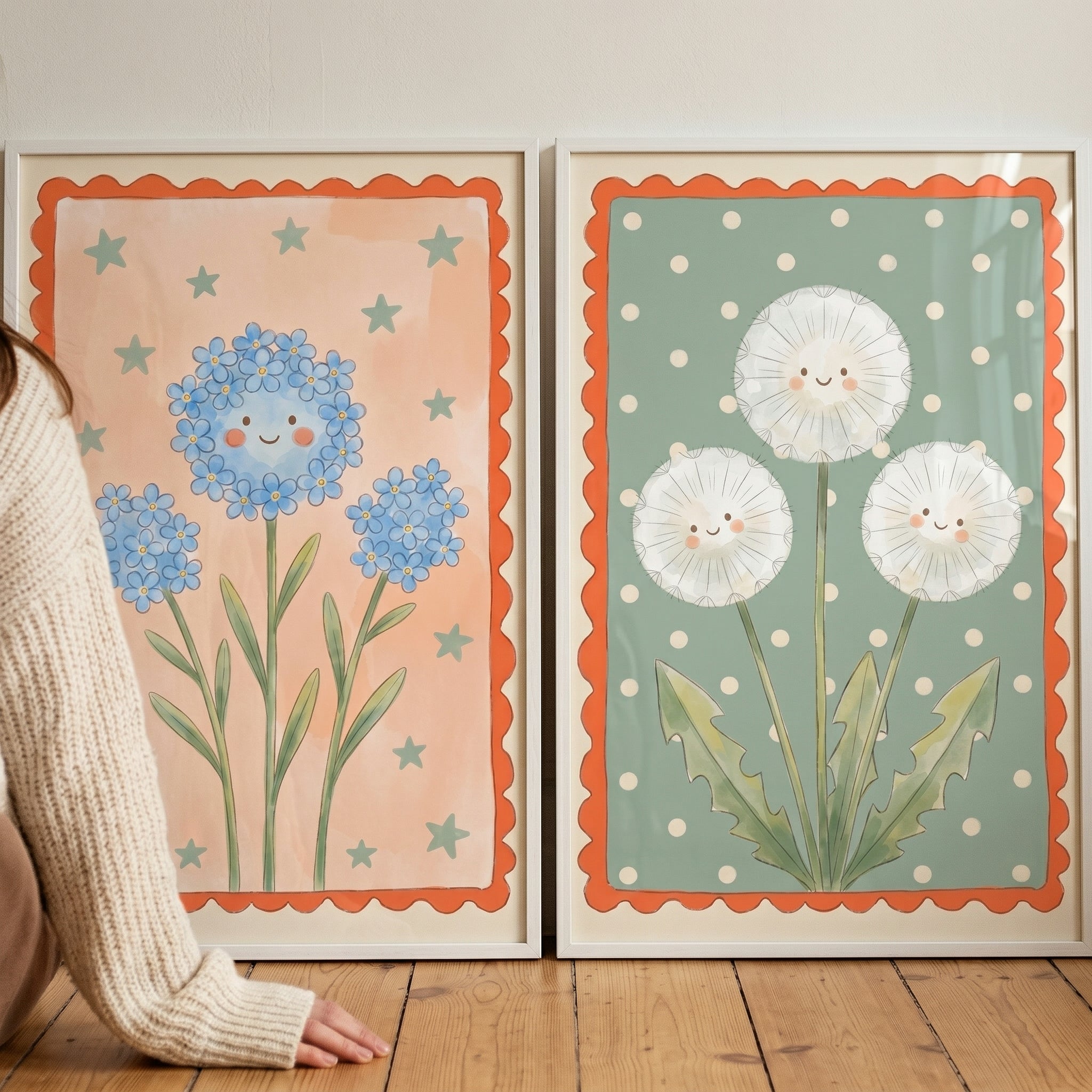 Dainty Watercolor Smiling Flower Wall Art Set of 2 - Smiling Petal Pals