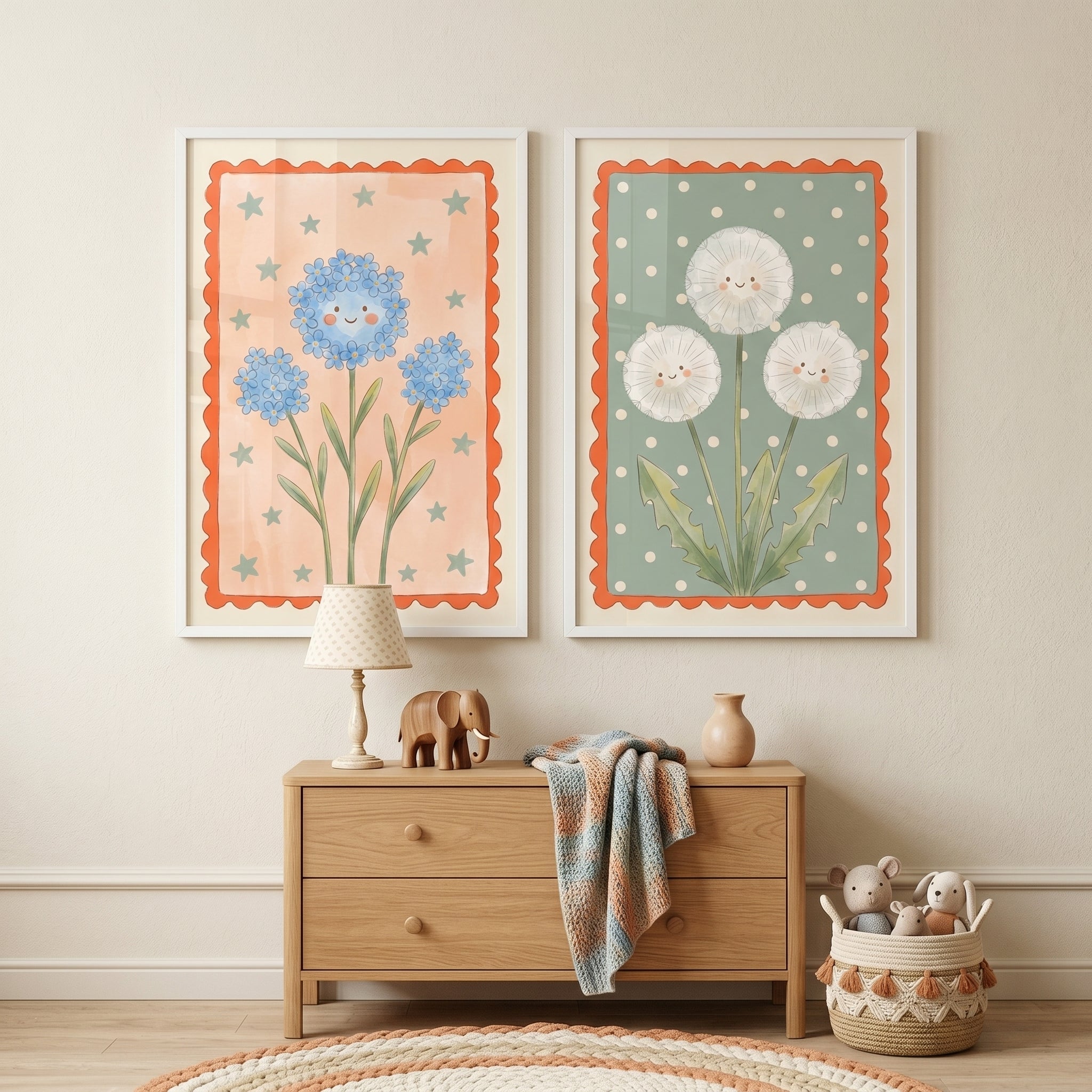 Dainty Watercolor Smiling Flower Wall Art Set of 2 - Smiling Petal Pals
