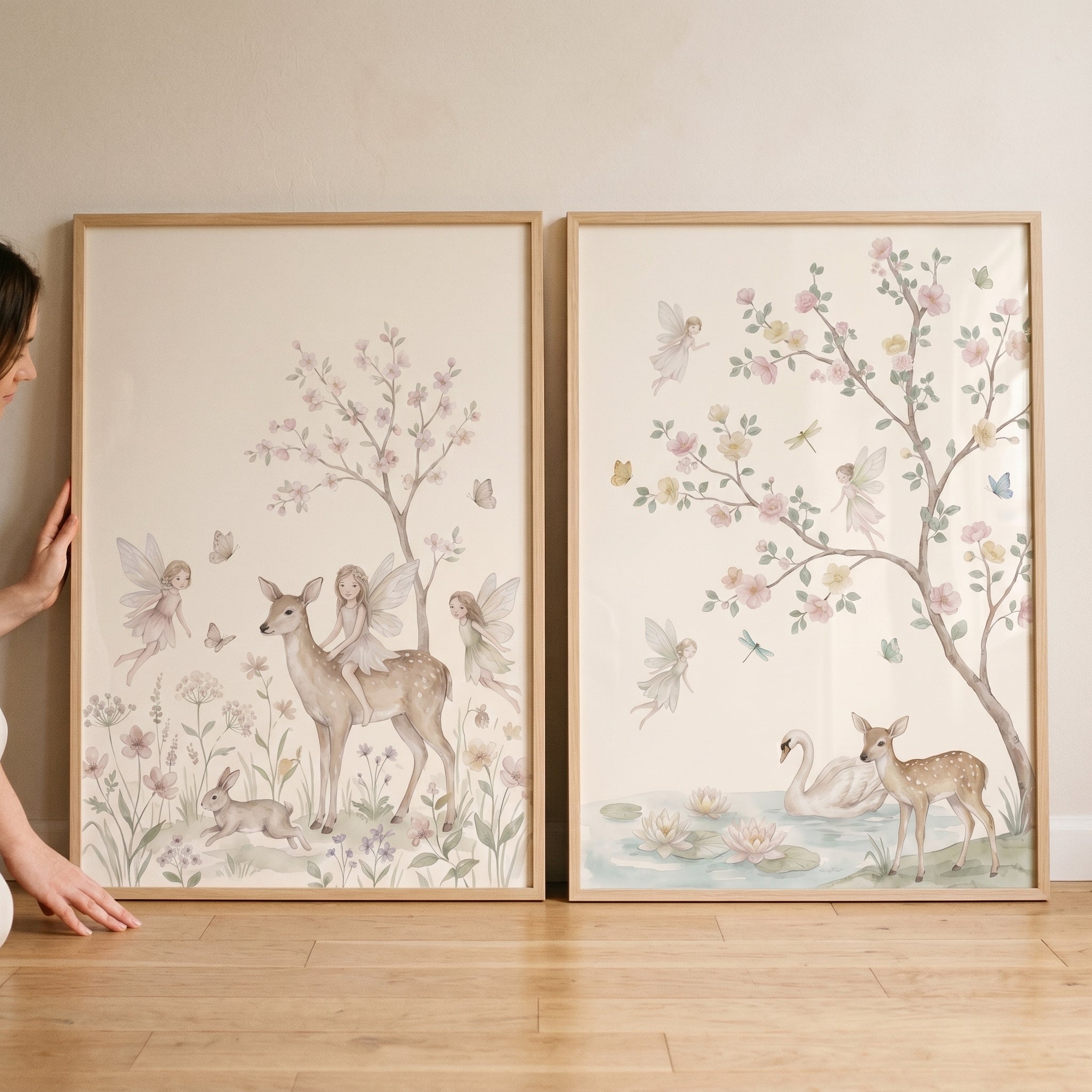 Dainty Watercolor Woodland Fairies Wall Art Set of 2 - Whimsical Fairy Meadow