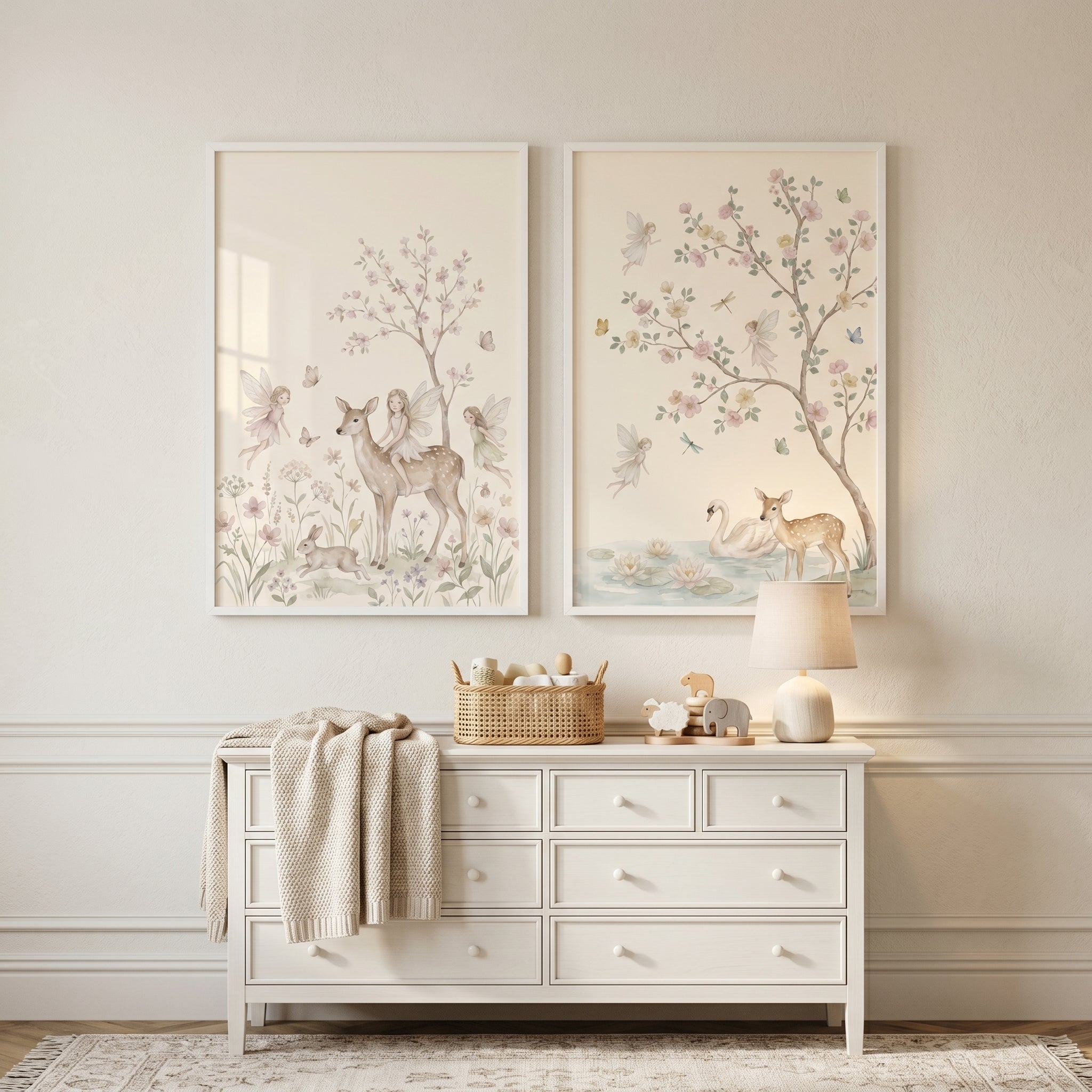 Dainty Watercolor Woodland Fairies Wall Art Set of 2 - Whimsical Fairy Meadow