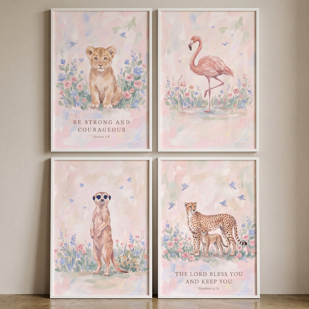 Dainty Wildflower Safari Animals Wall Art Set of 4 - Blessed Nursery Prints