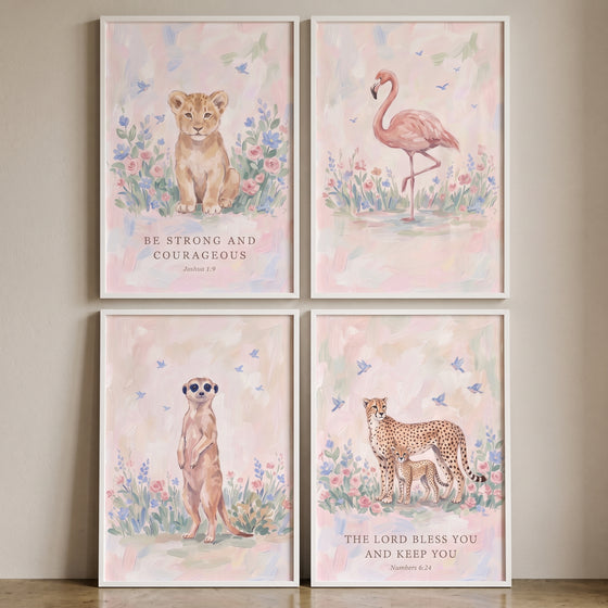 Dainty wildflower safari animals wall art set of 4 featuring a lion cub, flamingo, meerkat, and cheetah with scripture.