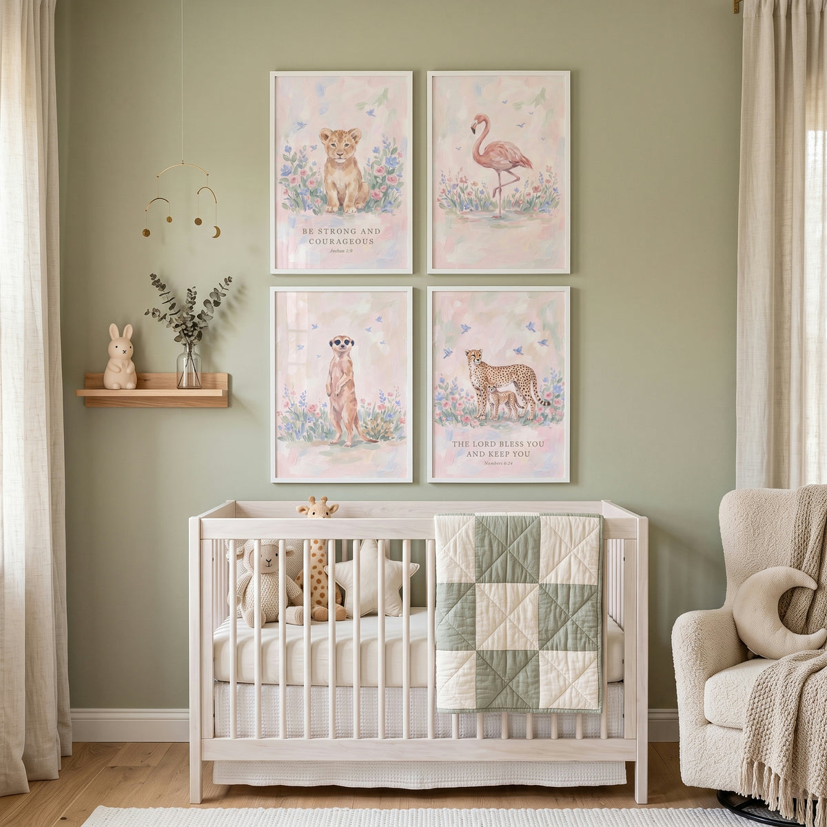 Dainty Wildflower Safari Animals Wall Art Set of 4 - Blessed Nursery Prints