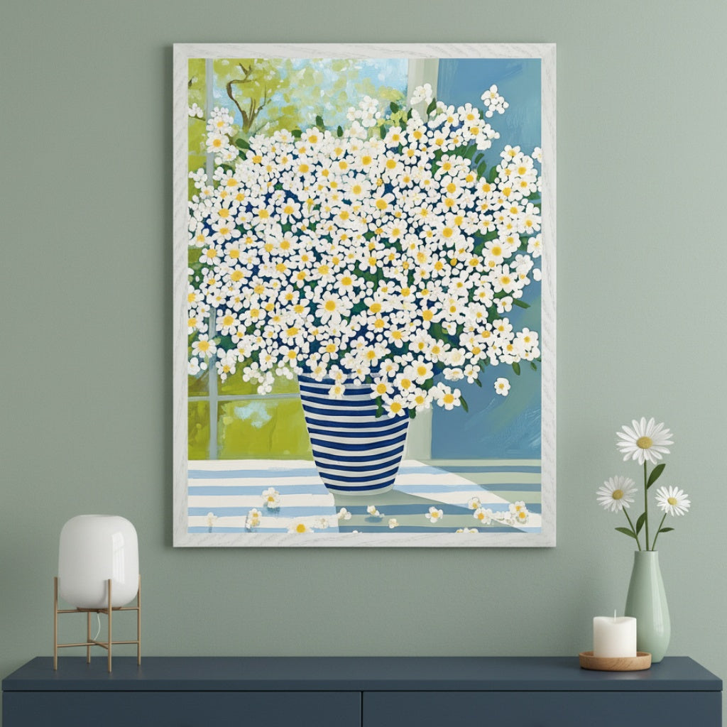 Modern living room with a dark blue console table against a sage green wall. A large framed painting of white daisies in a blue striped vase on a striped table in front of a window hangs centered above the console table.