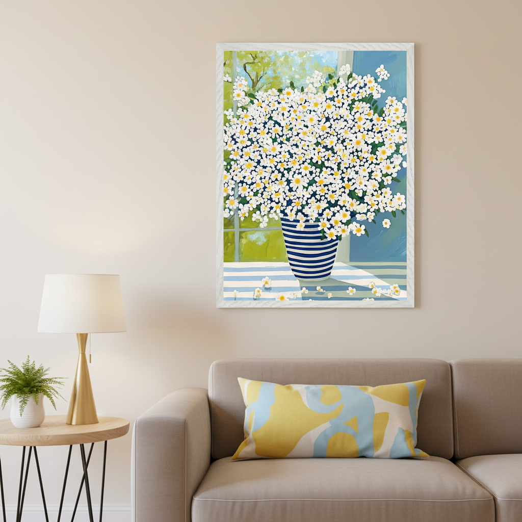 Modern living room with a beige sofa. A framed painting of a blue and white striped vase filled with white daisies on a table by a window hangs above the sofa. A golden lamp and a plant are on a side table.
